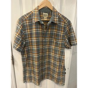 Orton Brothers Button Down Shirt Blue  Plaid Linen Blend Short Sleeve Large